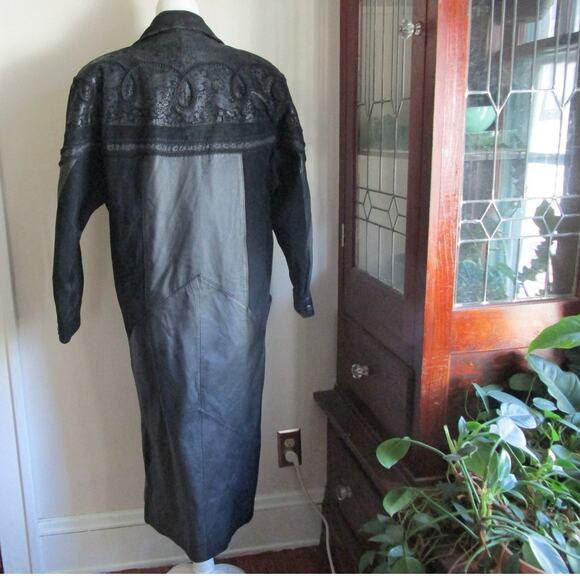 Vintage 80s/90s Wilsons Leather Maxi Trench Coat Embossed Paisley Braid Trim - Picture 6 of 17